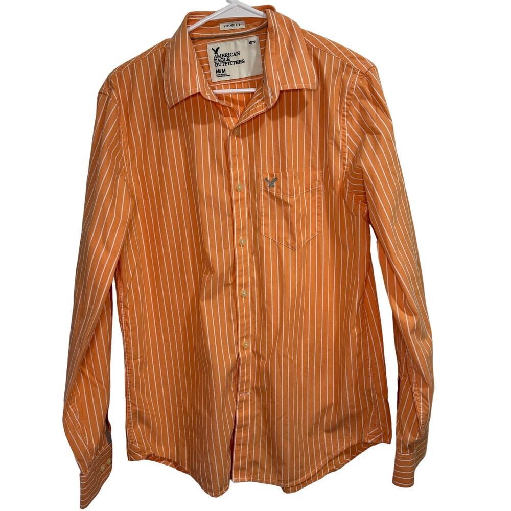 American Eagle Orange and White Men's Striped Button Down Size M